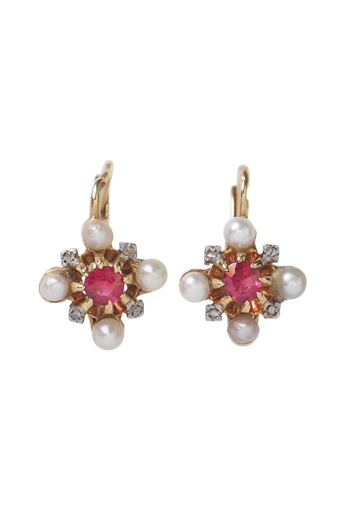 Art Nouveau Ohrringe mit Rubine, Diamanten und Perlen aus 18 Karat Gold