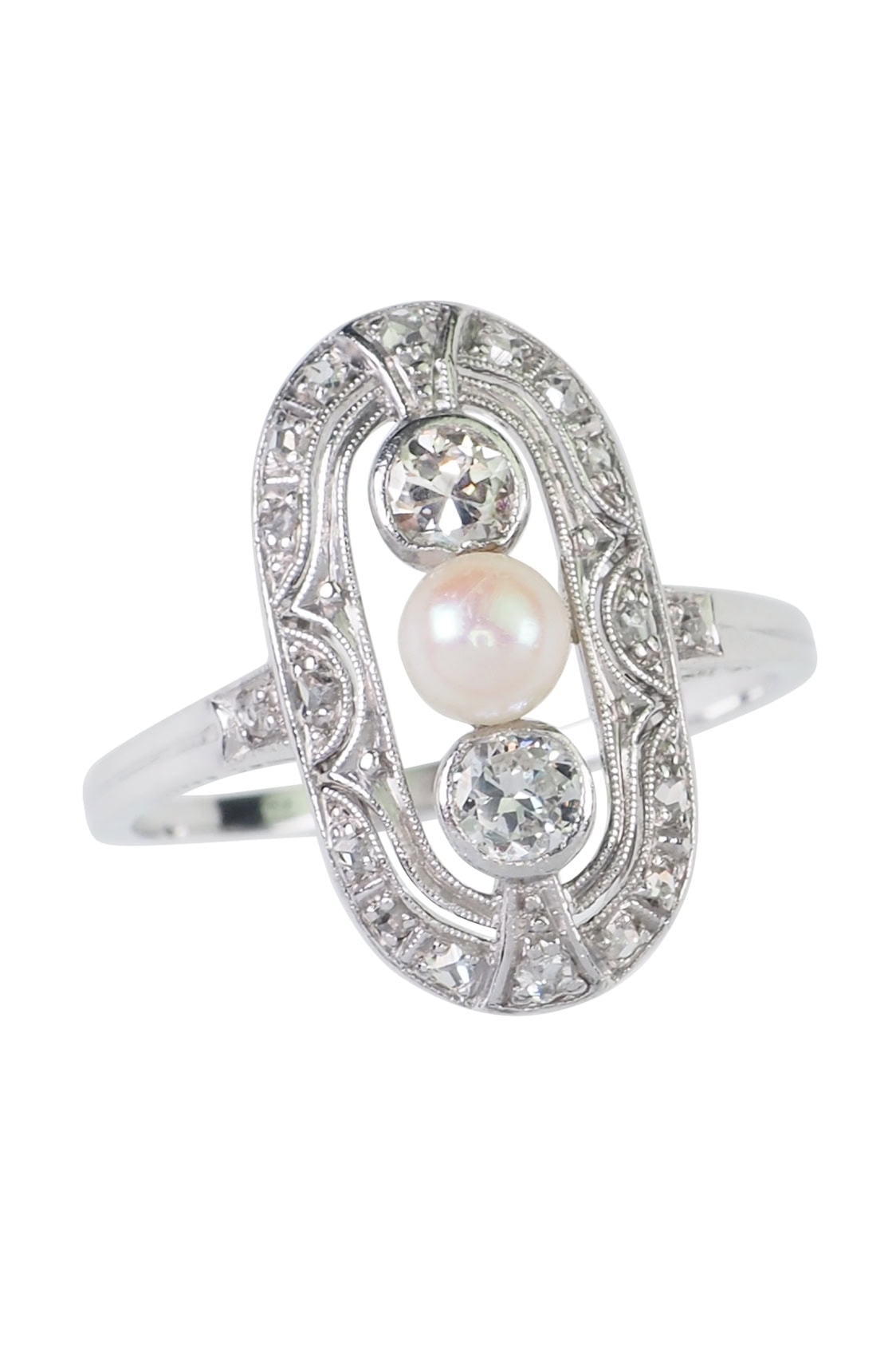 Art Déco Ring mit Perle und Diamanten aus 14 Karat Gold und Platin
