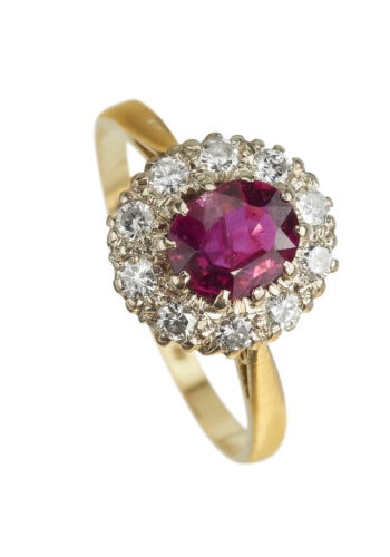 Vintage Verlobungsring mit Rubin und Diamanten aus 18 Karat Gold und Platin