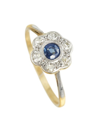 Edwardianischer Ring mit Saphir und Diamanten aus 18 Karat Gold und Platin