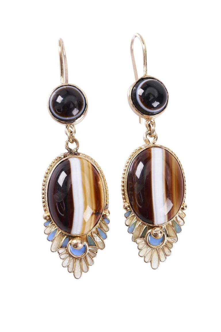 Viktorianische Ohrringe mit Sardonyx und Emaille aus 15 Karat Gold