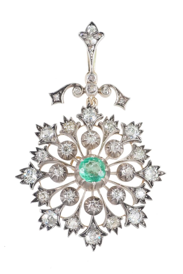 Viktorianischer Anhänger mit Smaragd und Diamanten aus 18 Karat Gold und Silber