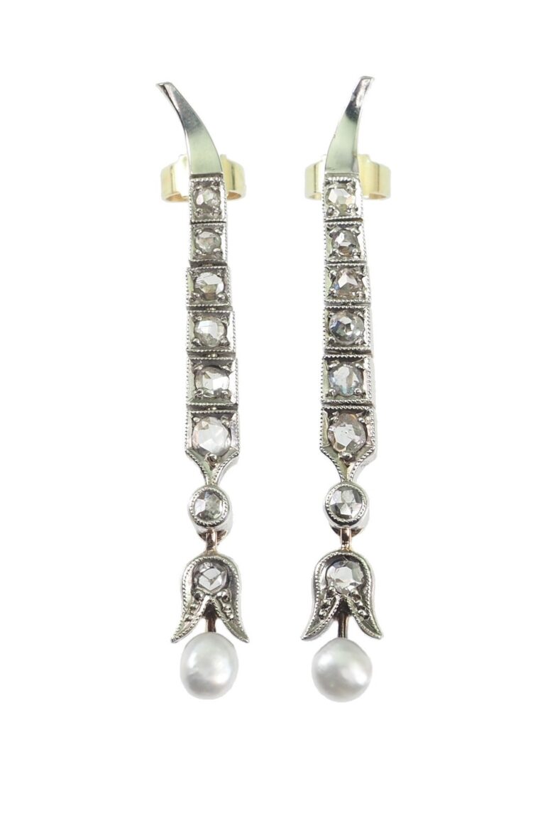 Edwardianische Ohrringe mit Diamanten und Perlen aus 15 Karat Gold und Silber