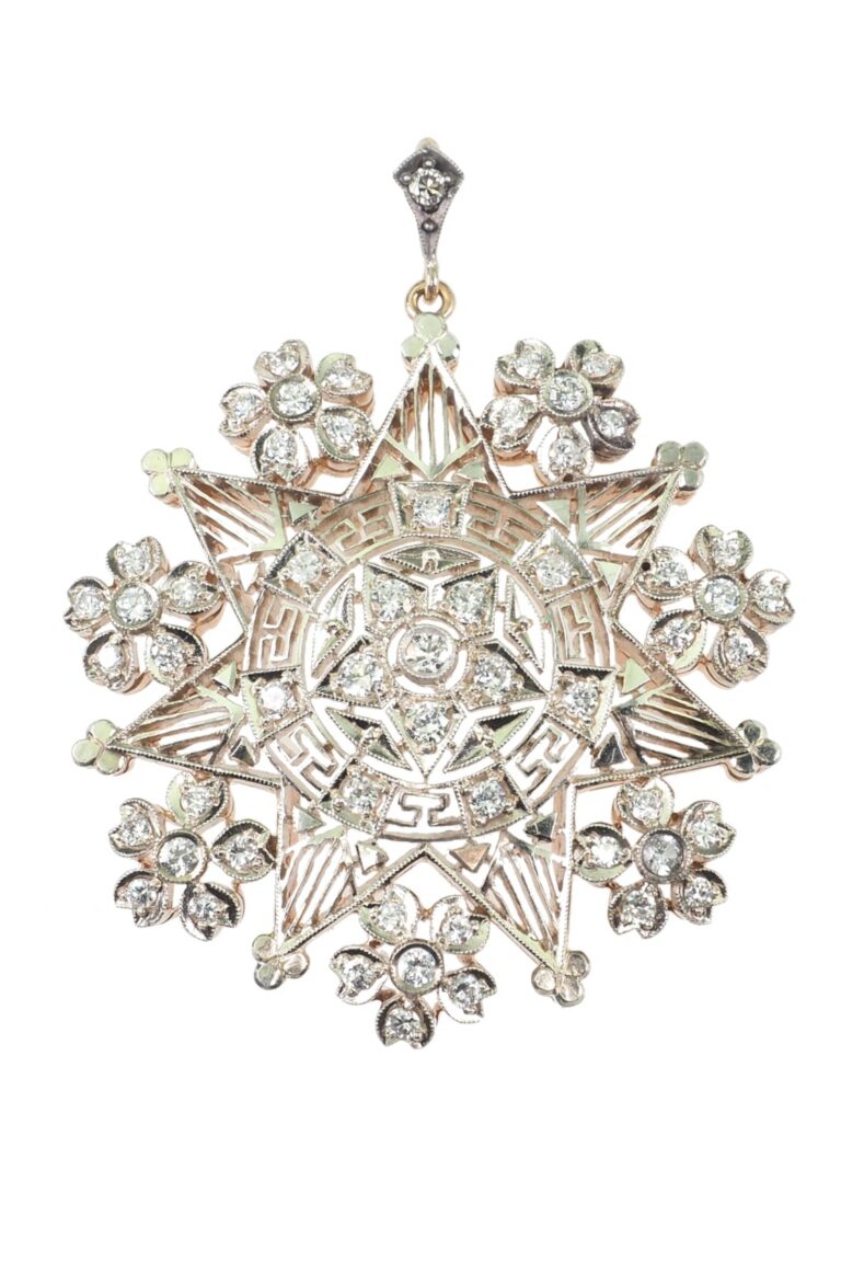 Vintage Anhänger mit Altschliff-Diamanten aus 15 Karat Roségold und Platin