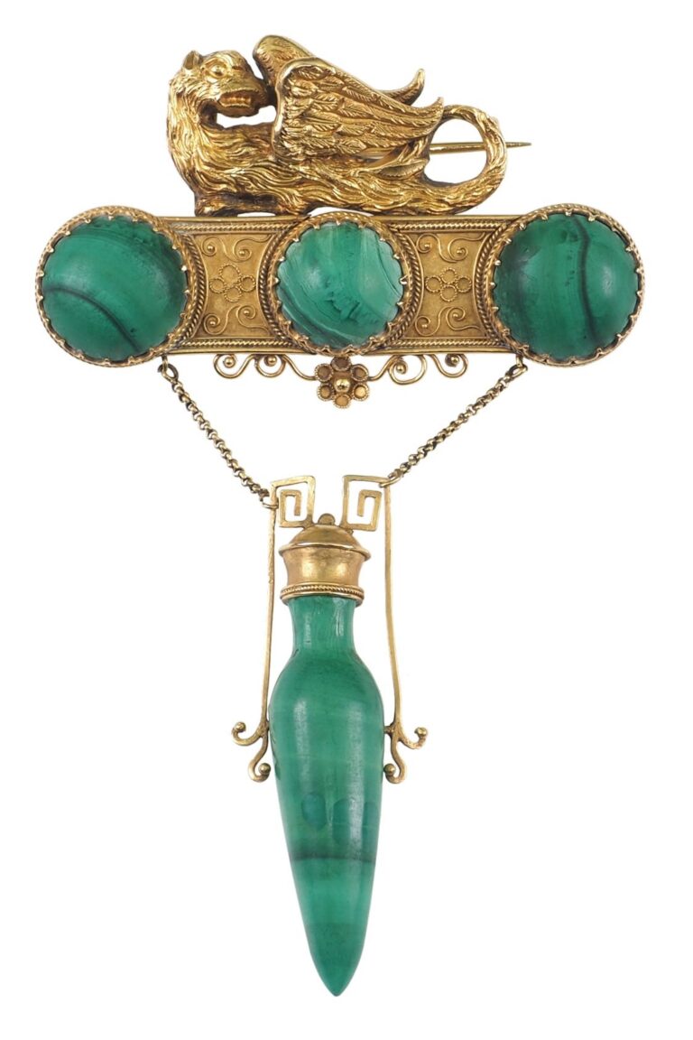 Viktorianische Brosche mit Malachit aus 15 Karat Gold