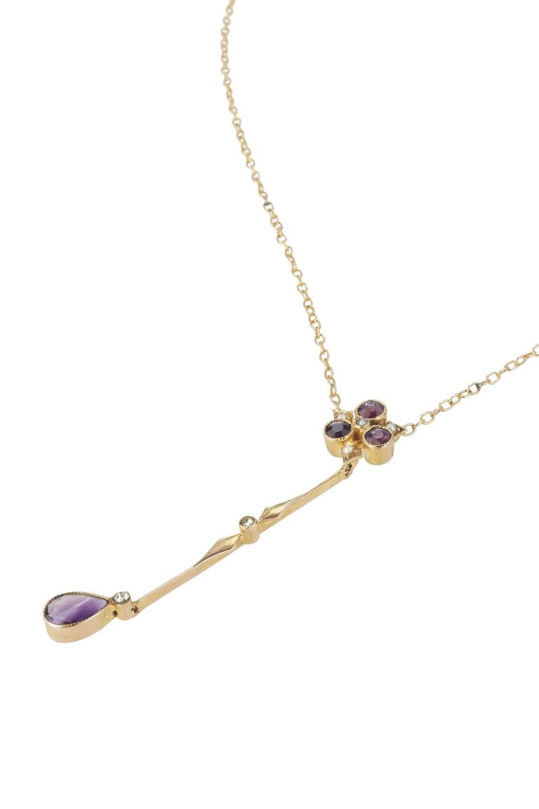 Edwardianisches Collier mit Amethyste, Pereln und Glassteine aus 9 Karat Gold