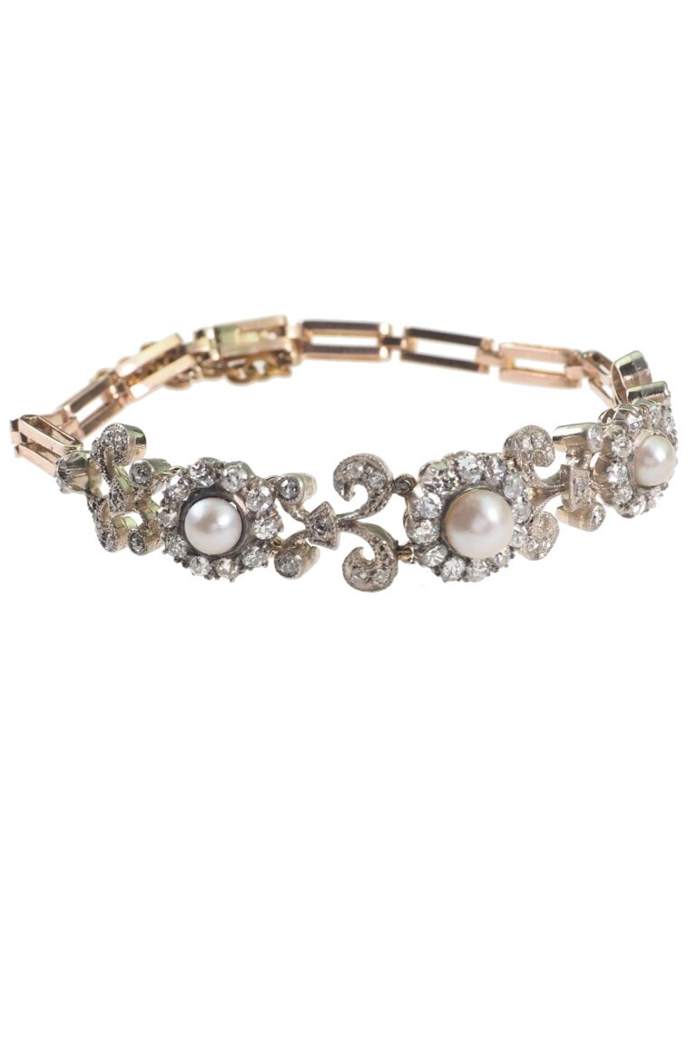 Viktorianisches Armband mit Diamanten und Perlen aus 15 Karat Gold und Silber