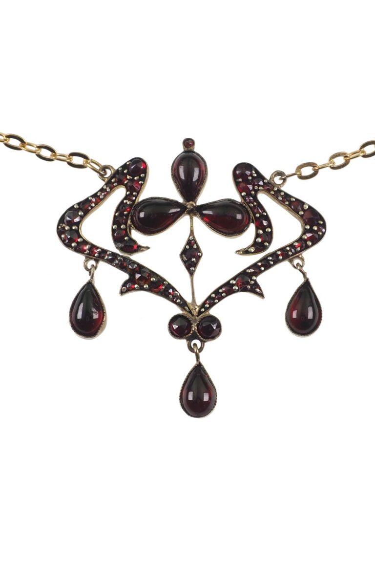 Jugendstil Collier mit Böhmische Granate aus Tombak, vergoldet