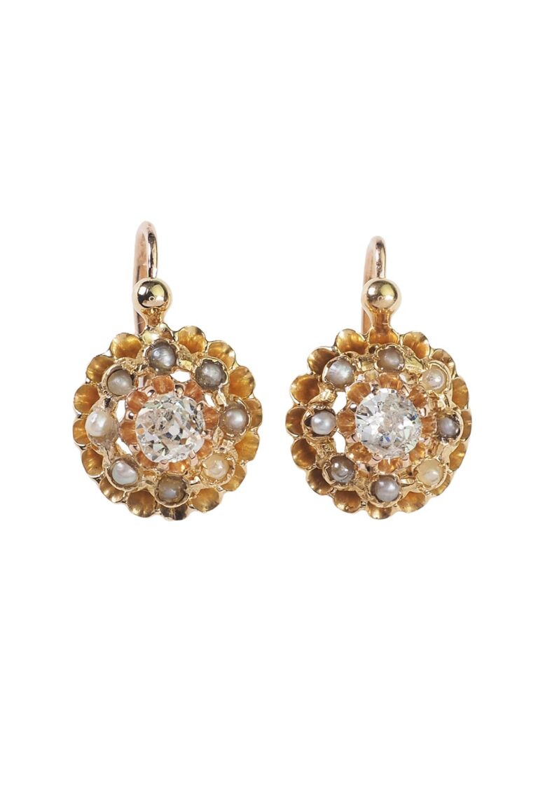 Jugendstil Ohrringe mit Diamanten und Perlen aus 18 Karat Gold