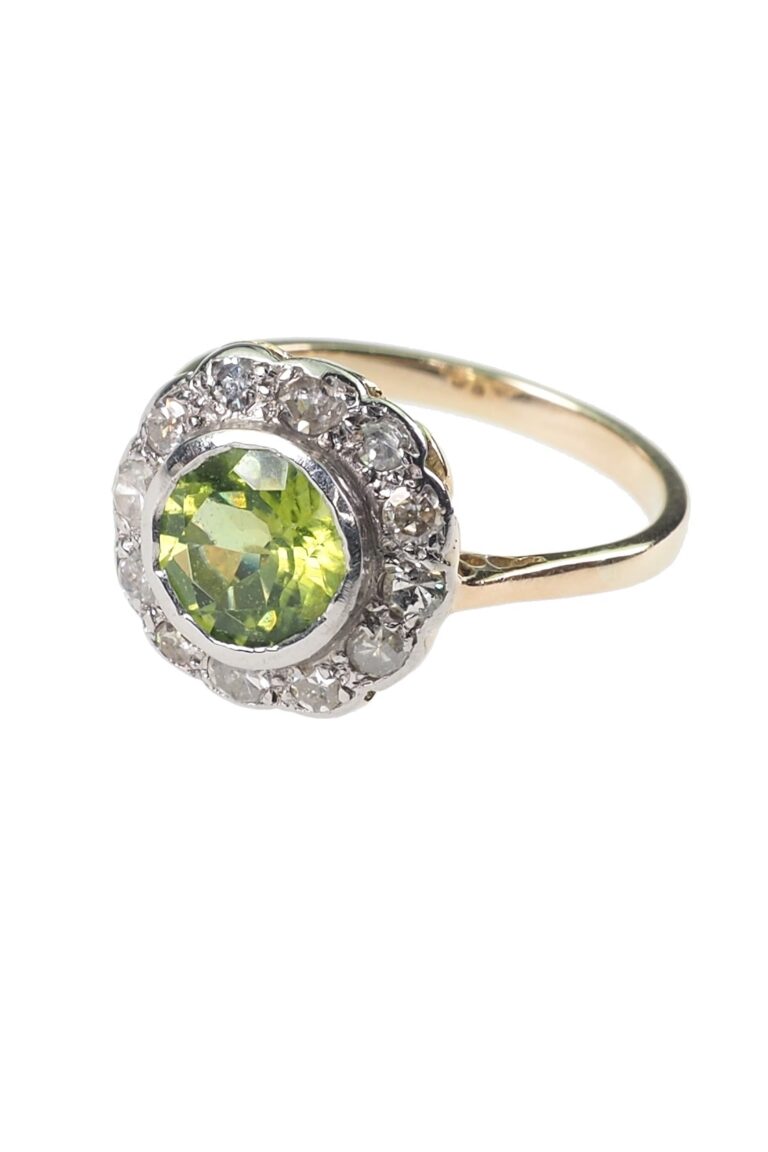 Edwardianischer Verlobungsring mit Peridot und Diamanten aus 18 Karat Gold und Silber