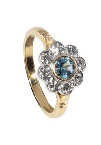 Datiert 1995 – Vintage Ring mit Aquamarin und Diamanten