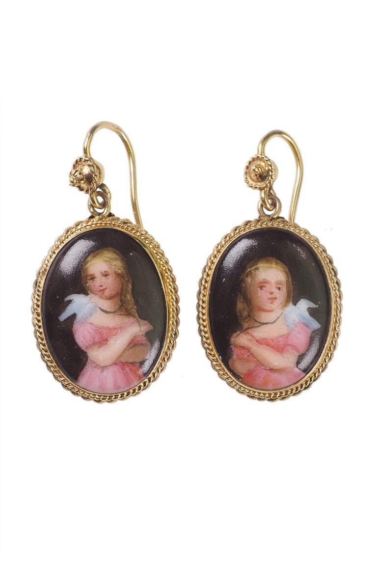 Viktorianische Ohrringe mit Miniaturmalerei auf Porzellanaus aus 9 Karat Gold