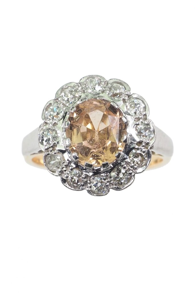 Vintage Verlobungsring mit Topas und Diamanten aus 18 Karat Gold und Platin