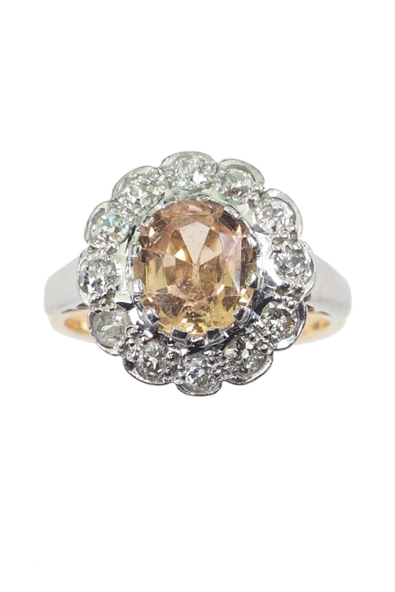 Vintage Verlobungsring mit Topas und Diamanten aus 18 Karat Gold und Platin