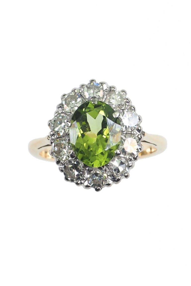 Vintage Verlobungsring mit Peridot und Diamanten aus 18 Karat Gold und Platin