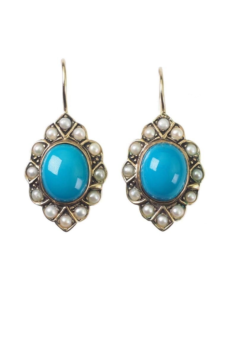 Viktorianische Ohrringe mit Türkise und Perlen aus 9 Karat Gold