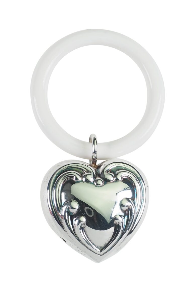 Art Déco Babyrassel aus Silber mit Beißring aus Kunststoff