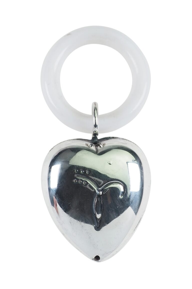 Vintage Babyrassel versilbert mit Beißring aus Kunststoff