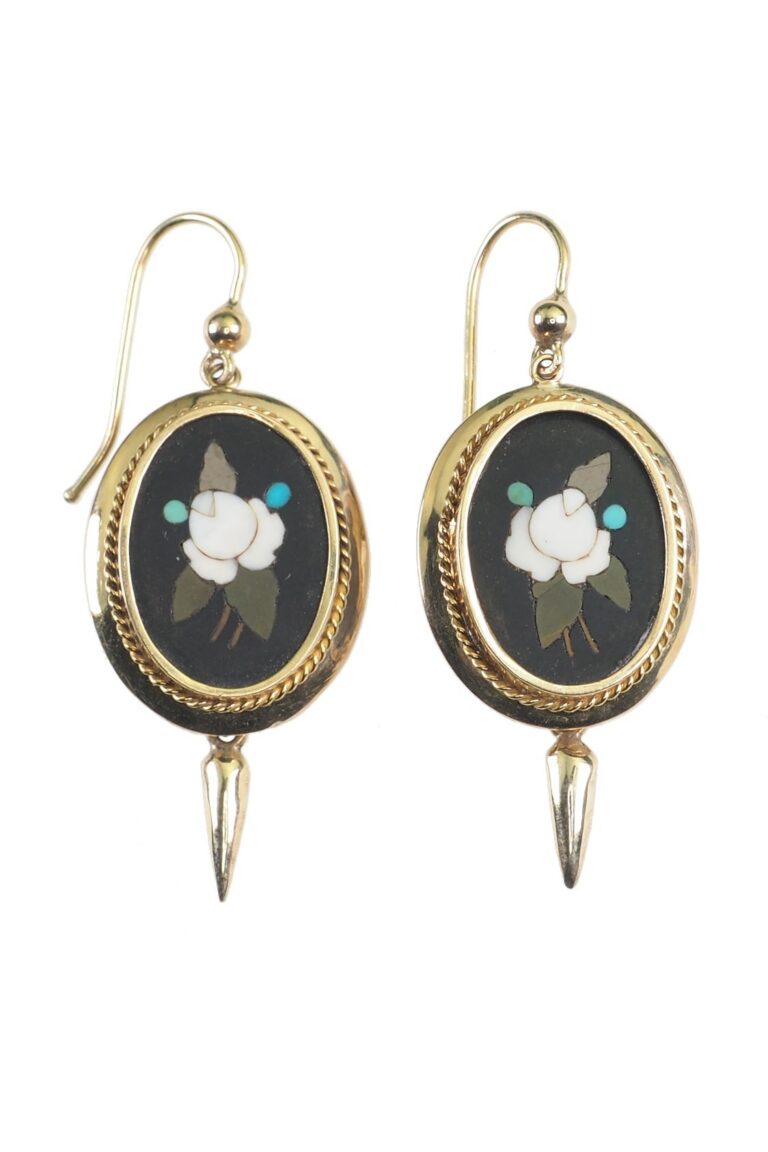 Viktorianische Ohrringe mit Onyx und Achate mit Pietra Dura Einlegearbeit aus 15 Karat Gold