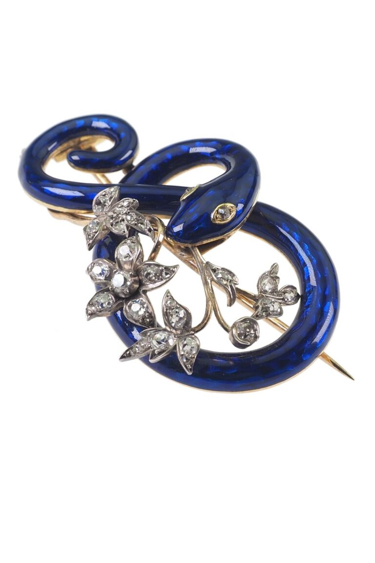 Viktorianische Brosche mit Emaille und Diamanten aus 18 Karat Gold und Silber