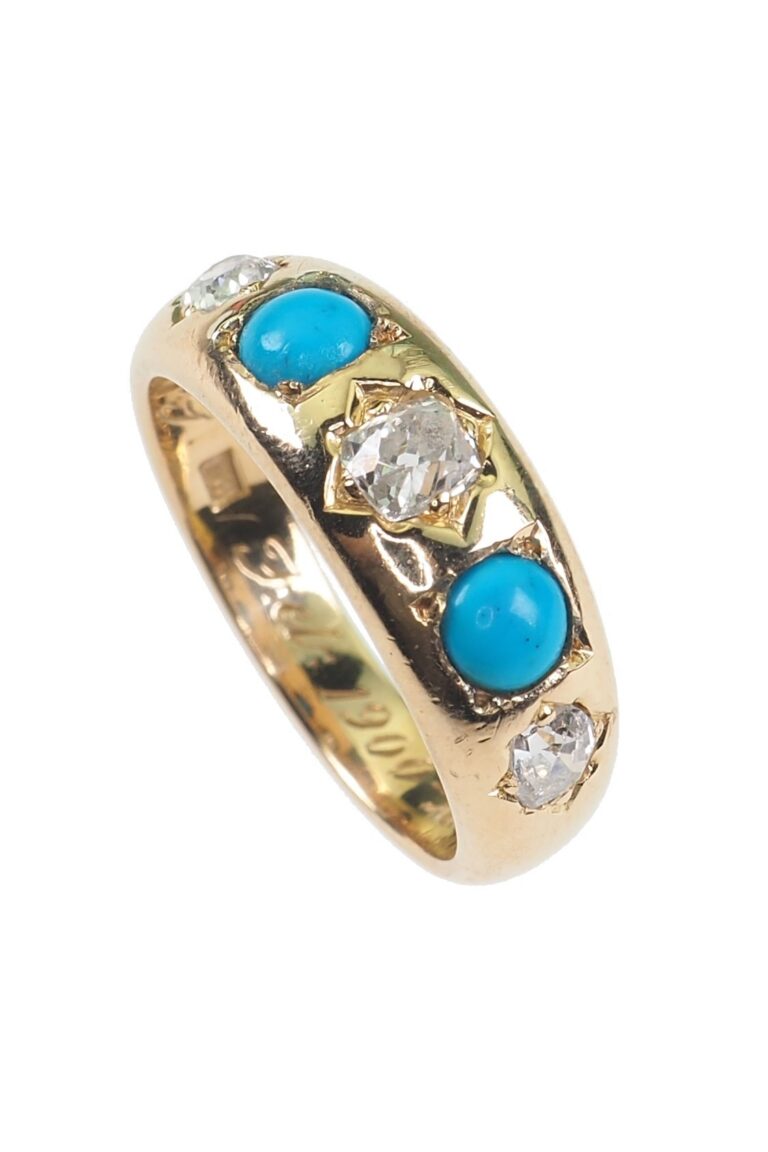 Edwardianischer Ring mit Türkise und Diamanten aus 18 Karat Gold