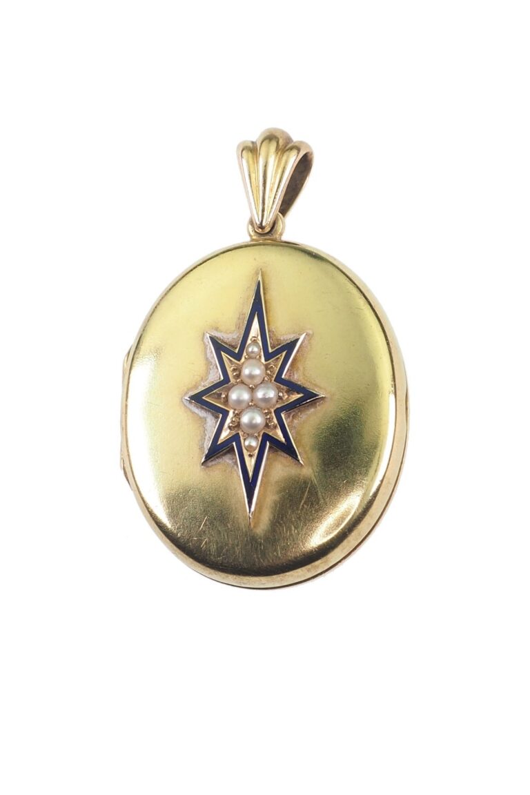 Viktorianisches Medaillon mit Emaille und Perlen aus 15 Karat Gold