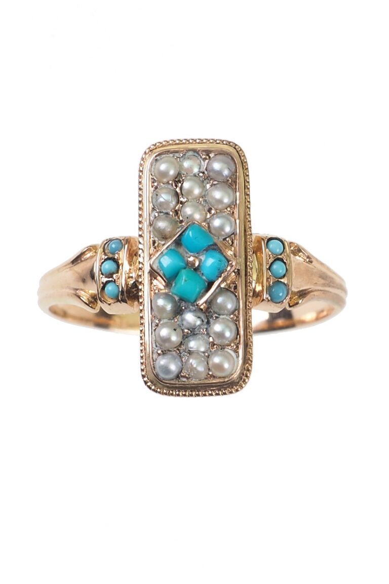 Napoléon III. Ring mit Türkise und Perlen aus 18 Karat Gold