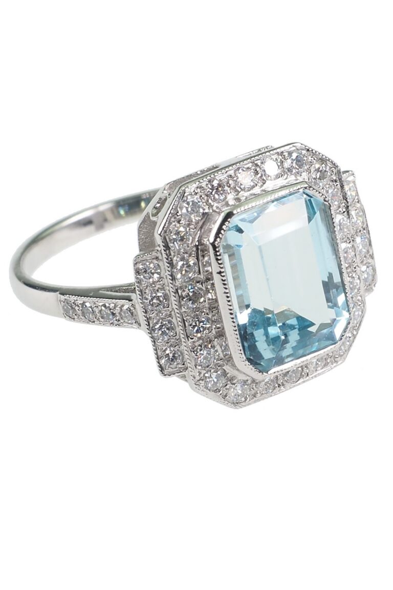 Vintage Ring mit Aquamarin und Diamanten aus Platin