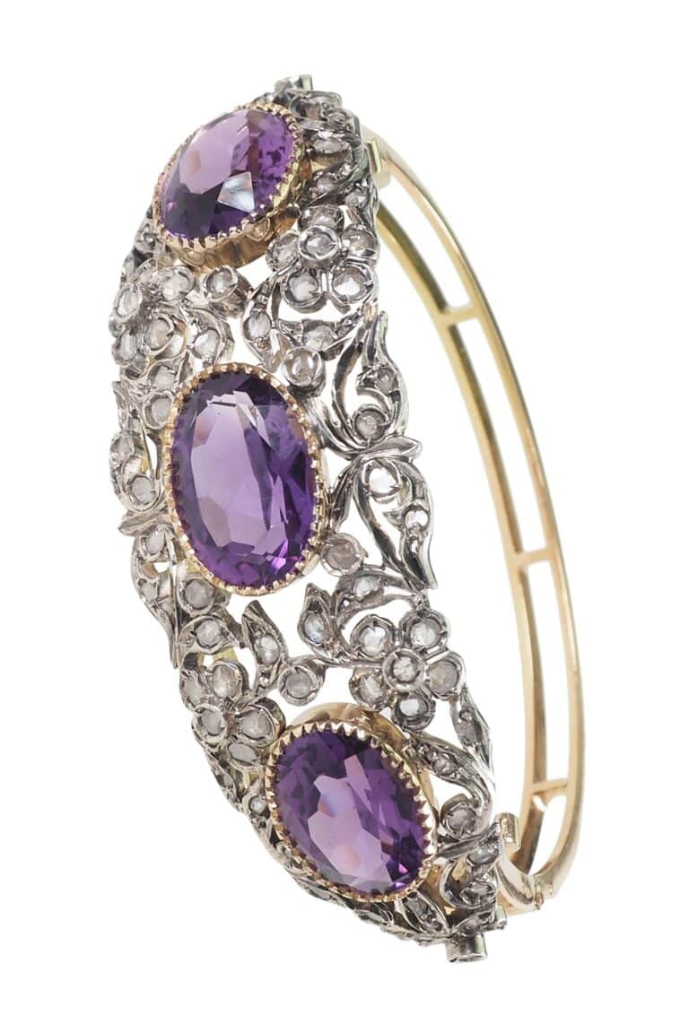 Viktorianischer Armreif mit Amethyste und Diamanten aus 18 Karat Gold und Silber
