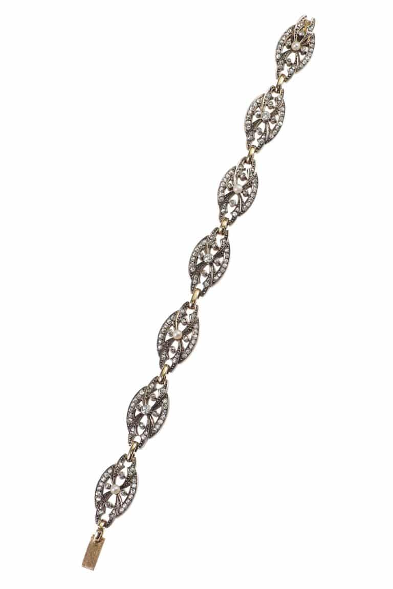 Viktorianisches Armband mit Diamanten und Perlen aus 15 Karat Gold und Silber