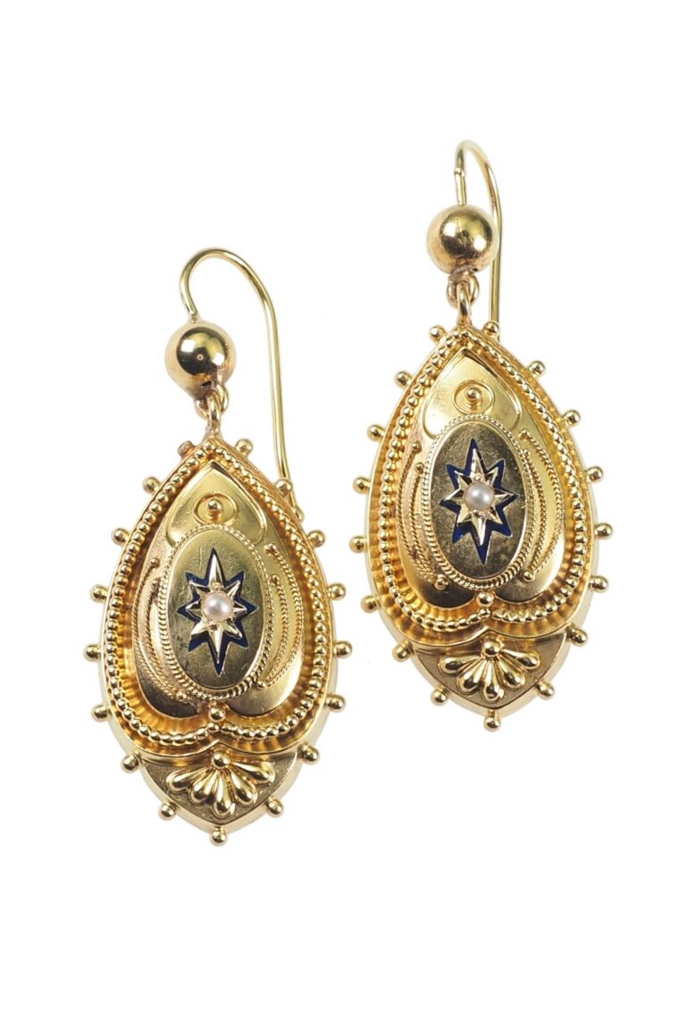 Viktorianische Ohrringe mit Emaille und Perlen aus 15 Karat Gold