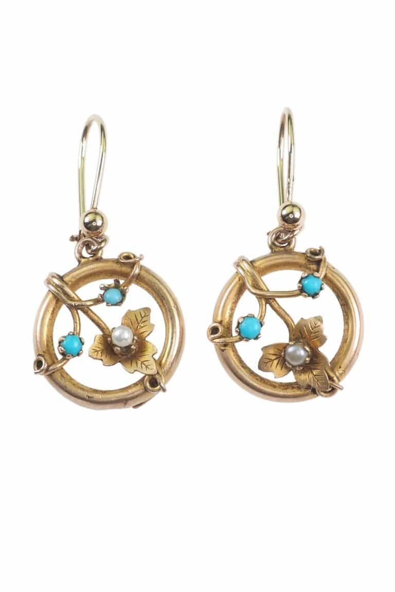 Viktorianische Ohrringe mit Türkise und Perlen aus 9 Karat Gold