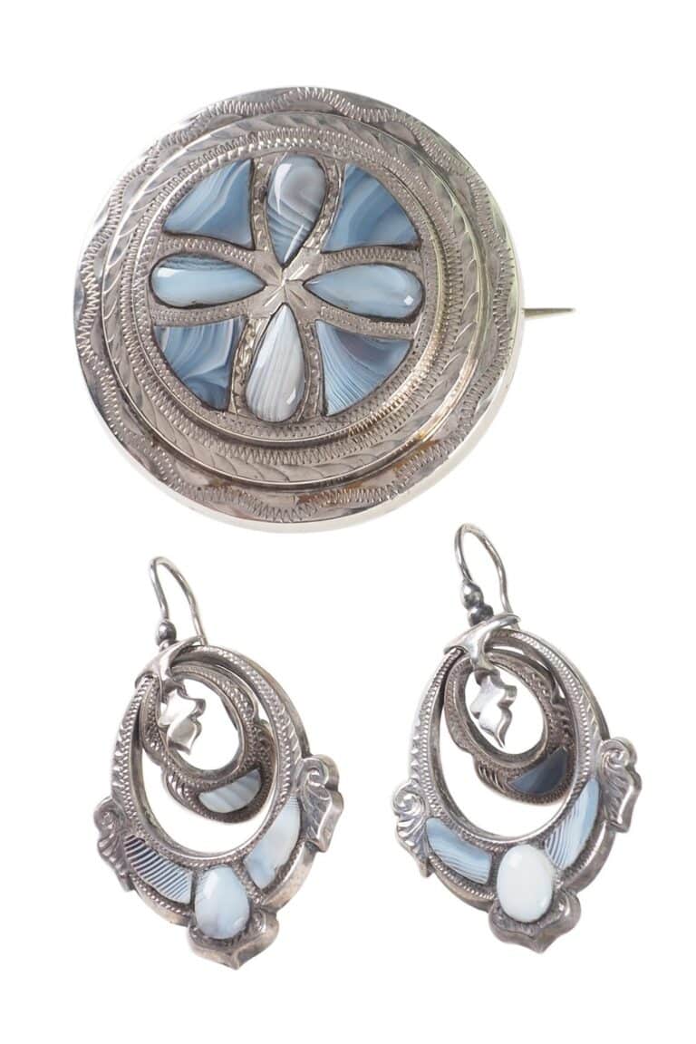 Viktorianisches Schmuckset mit Achat aus Sterling Silber