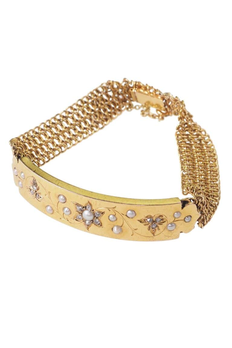 Viktorianisches Armband mit Diamanten und Perlen aus 15 Karat Gold