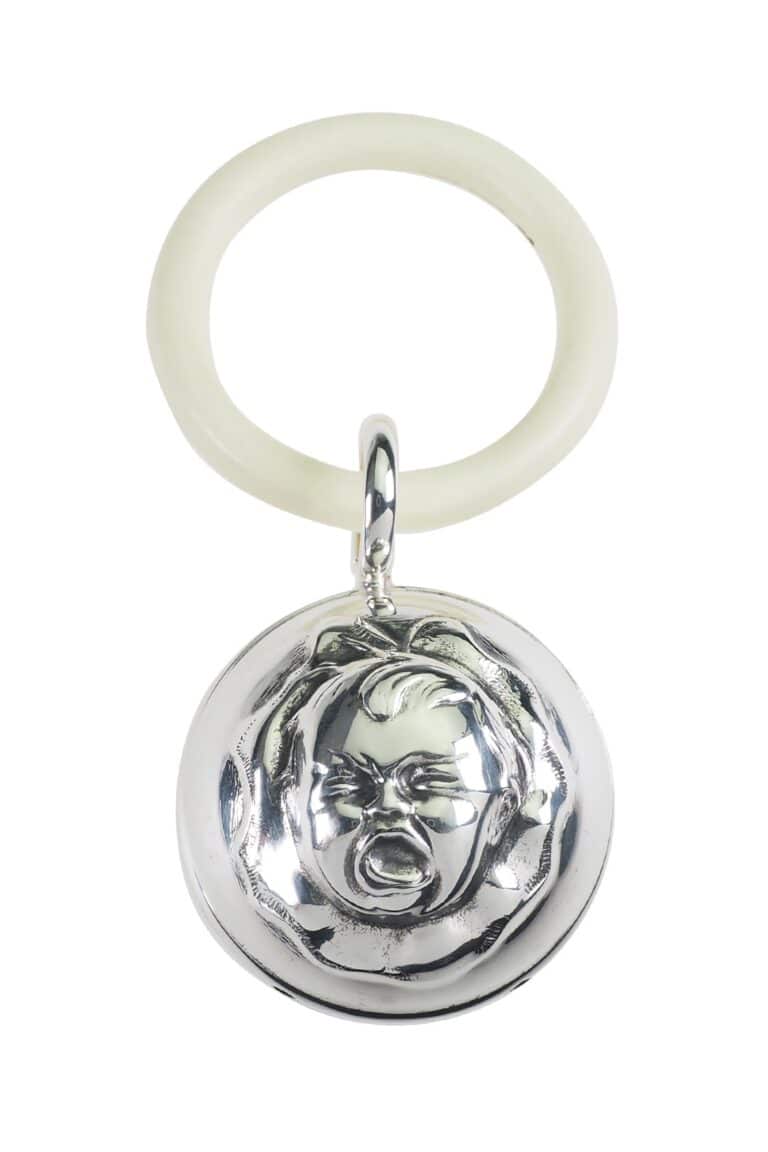Vintage Babyrassel mit Kunststoff Beißring aus Silber