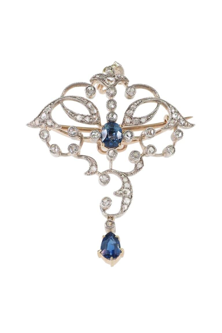 Viktorianische Brosche/Anhänger mit Diamanten und Saphire aus 15 Karat Gold