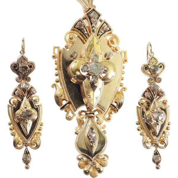 Viktorianischer Anhänger und Ohrringen mit Emaille und Diamanten aus 18 Karat Gold