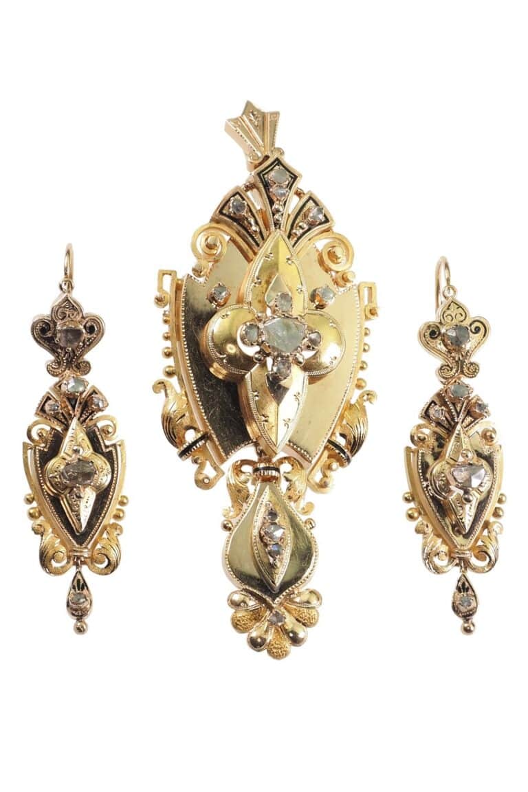 Viktorianischer Anhänger und Ohrringen mit Emaille und Diamanten aus 18 Karat Gold