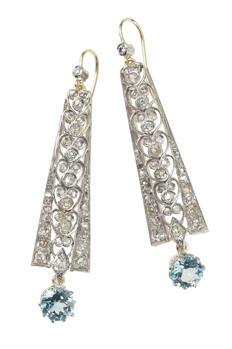Edwardianische Ohrringe mit Aquamarine und Diamanten aus 15 Karat Gold