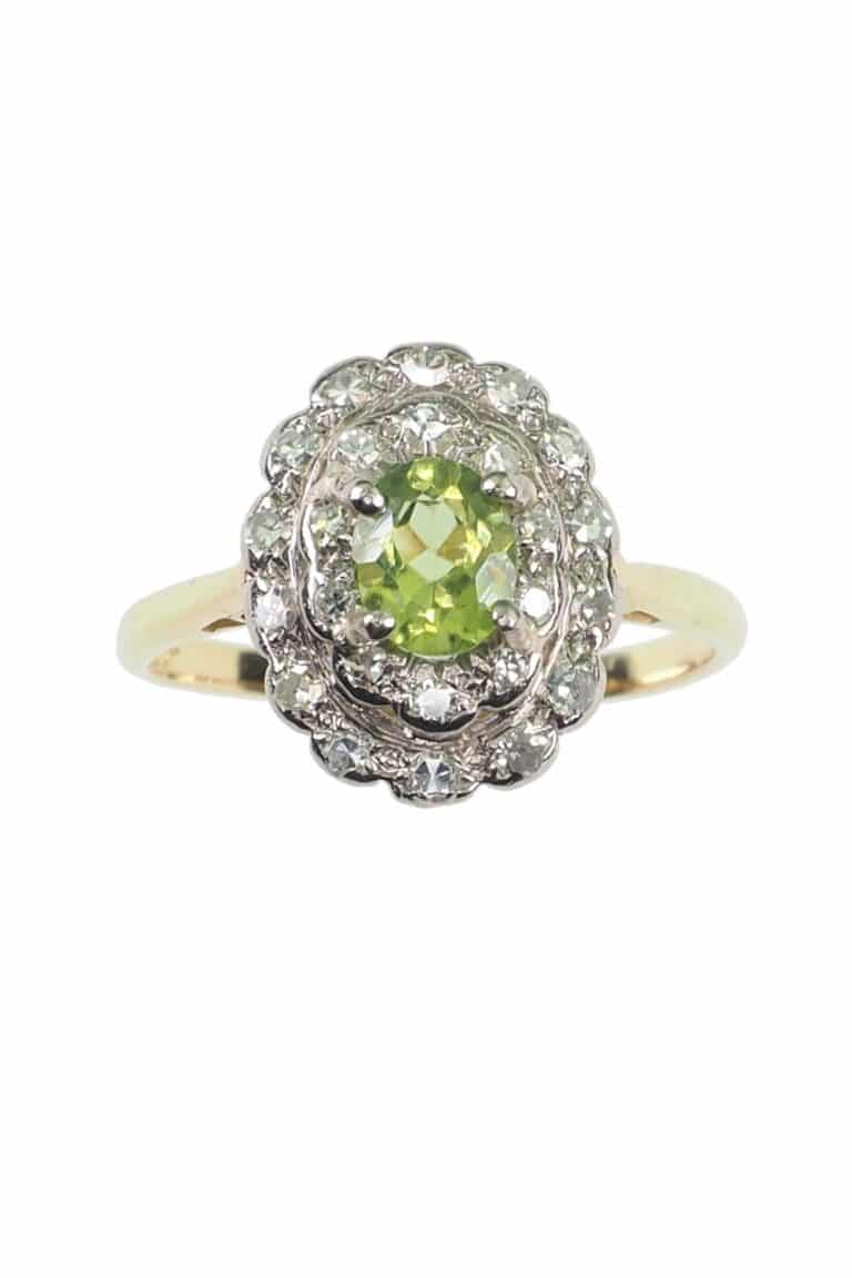 Vintage Verlobungsring mit Peridot und Diamanten aus 18 Karat Gold und Platin