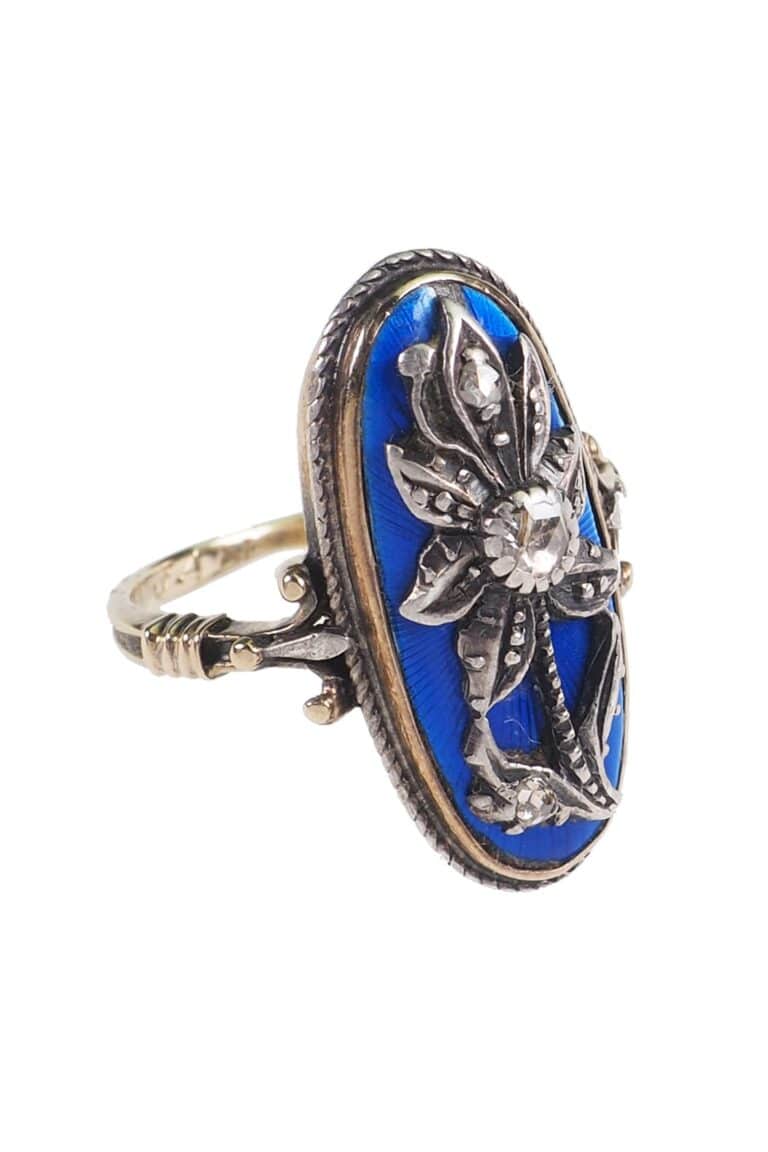 Ring mit Emaille und Diamanten aus 18 Karat Gold und Silber