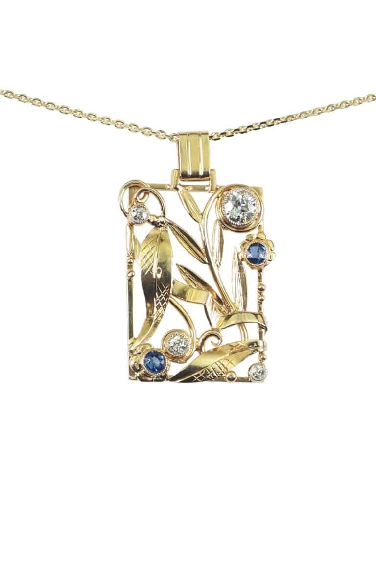 Art Déco Anhänger mit Saphire und Diamanten aus 14 Karat Gold