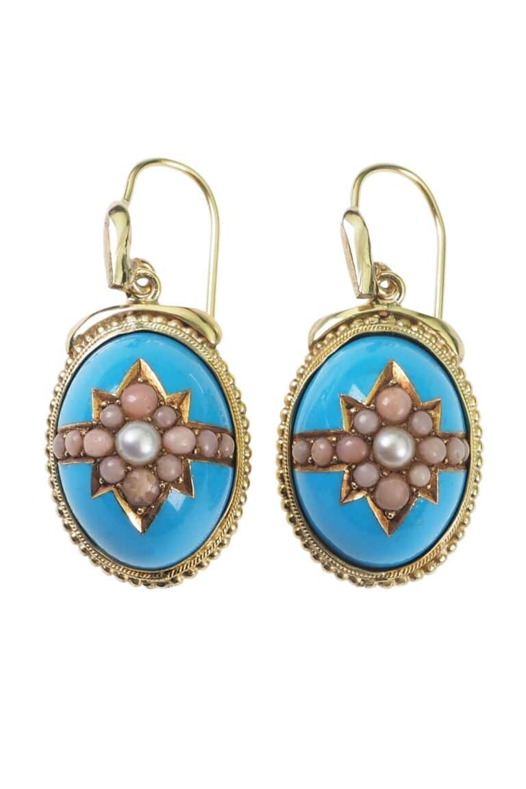 Viktorianische Ohrringe mit Emaille, Koralle und Perlen aus 15 Karat Gold