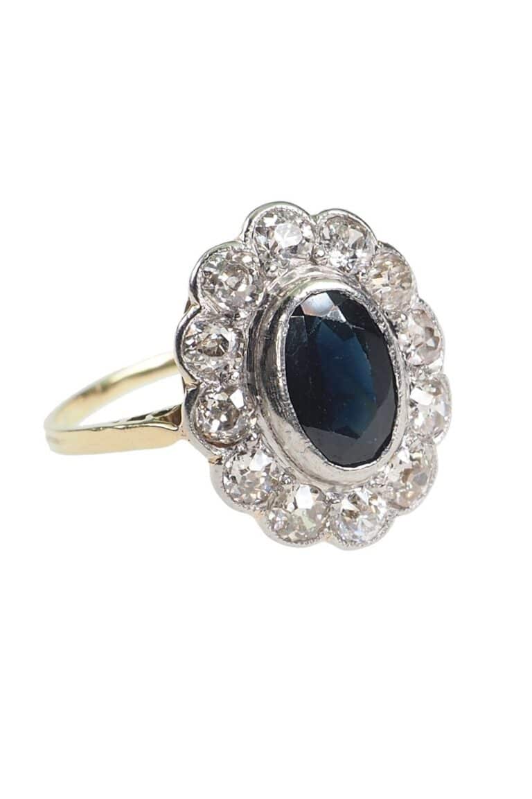 Art déco Verlobungsring mit Saphir und Diamanten aus 18 Karat Gold und Platin