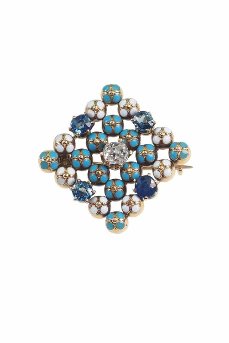 Edwardianische Brosche mit Emaille, Saphire und Diamant aus 18 Karat Gold