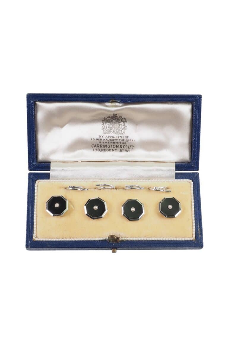 Vintage Frackknöpfe mit onyx und Perlen aus 9 Karat Gold