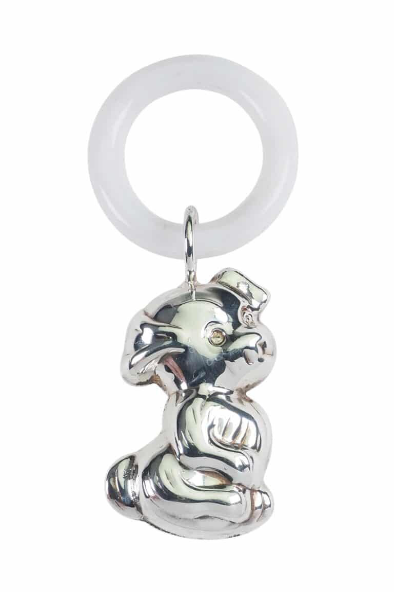 Art Déco Babyrassel aus Silber mit Beißring aus Kunsstoff