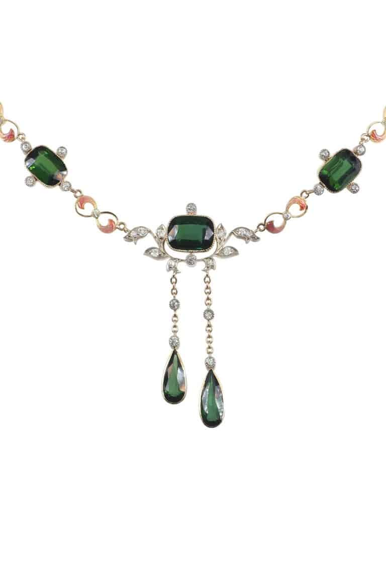 Edwardianisches Collier mit Diamanten, Turmaline und Perlen aus 15 Karat Gold