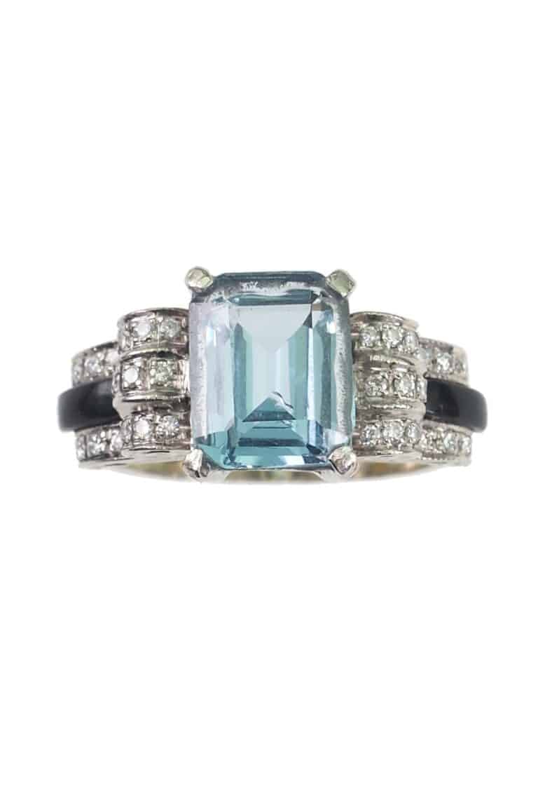Vintage Verlobungsring mit Aquamarin, Onyx und Diamanten aus 18 Karat Gold
