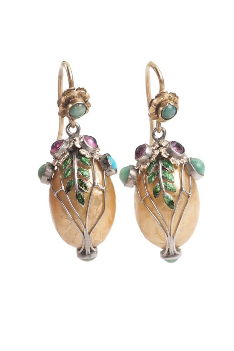 Jugendstil Ohrringe mit Emaille, Türkise und Almandine aus Silber vergoldet